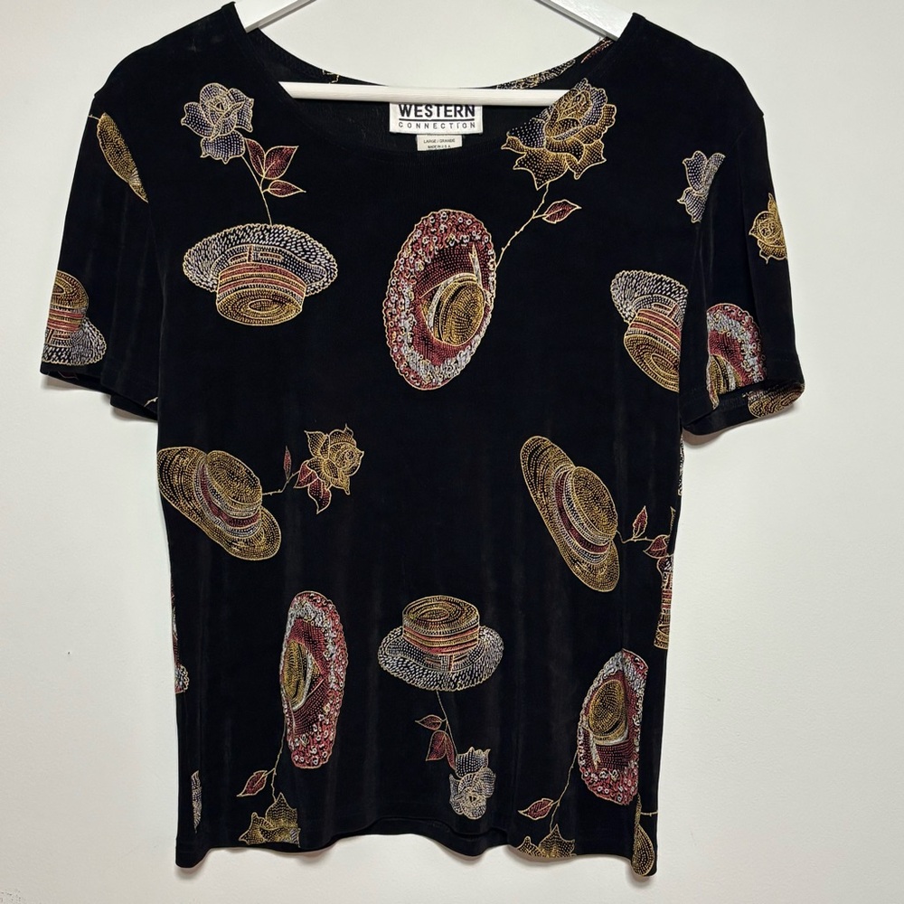 VTG 90s Western‎ Stretchy Slinky Top Large Lady Grunge Rose Hat Cowgirl Black